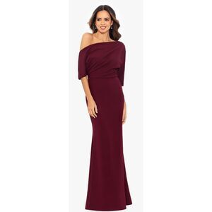 Betsy & Adam "MADELINE" LONG SCUBA CREPE OFF THE SHOULDER DROP DRESS in Bordeaux